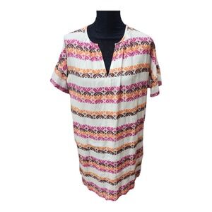 Lou & Grey Boho Tunic Dress Small White Pink Orange Tribal Print Cotton‎ Lined